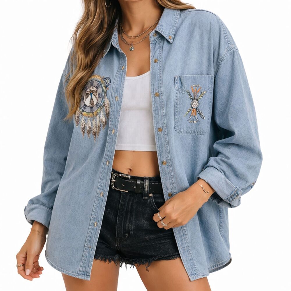 Vintage 90s Western‎ Denim Shirt Southwestern Graphic L Oversized